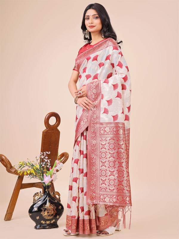 Astita Elegant Off-White & Maroon Linen Cotton Saree with Zari Woven Border and Pallu - Soft Lightweight Saree for Daily,Festive & Office Wear - Distacart