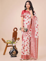 Thumbnail for Astita Elegant Off-White & Maroon Linen Cotton Saree with Zari Woven Border and Pallu - Soft Lightweight Saree for Daily,Festive & Office Wear - Distacart