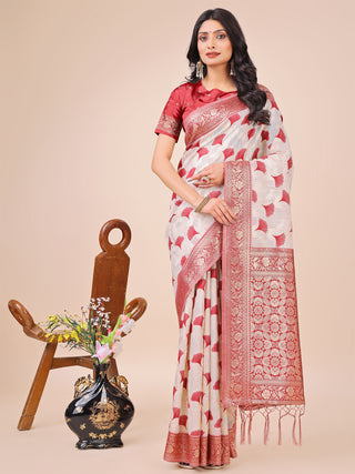 Astita Elegant Off-White & Maroon Linen Cotton Saree with Zari Woven Border and Pallu - Soft Lightweight Saree for Daily,Festive & Office Wear - Distacart