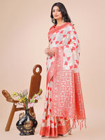 Thumbnail for Astita Elegant Off-White & Red Linen Cotton Saree with Zari Woven Border and Pallu - Soft Lightweight Saree for Daily,Festive & Office Wear - Distacart