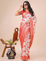 Thumbnail for Astita Elegant Off-White & Red Linen Cotton Saree with Zari Woven Border and Pallu - Soft Lightweight Saree for Daily,Festive & Office Wear - Distacart