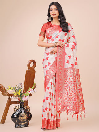 Astita Elegant Off-White & Red Linen Cotton Saree with Zari Woven Border and Pallu - Soft Lightweight Saree for Daily,Festive & Office Wear - Distacart