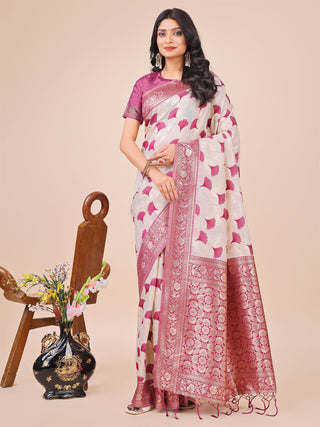 Astita Elegant Off-White & Magenta Linen Cotton Saree with Zari Woven Border and Pallu - Soft Lightweight Saree for Daily,Festive & Office Wear - Distacart