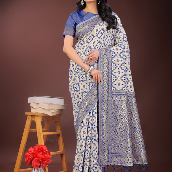 Astita Blue Linen Saree with Rich Woven Zari Work - Elegant Ethnic Saree for Festive & Office Wear - Distacart