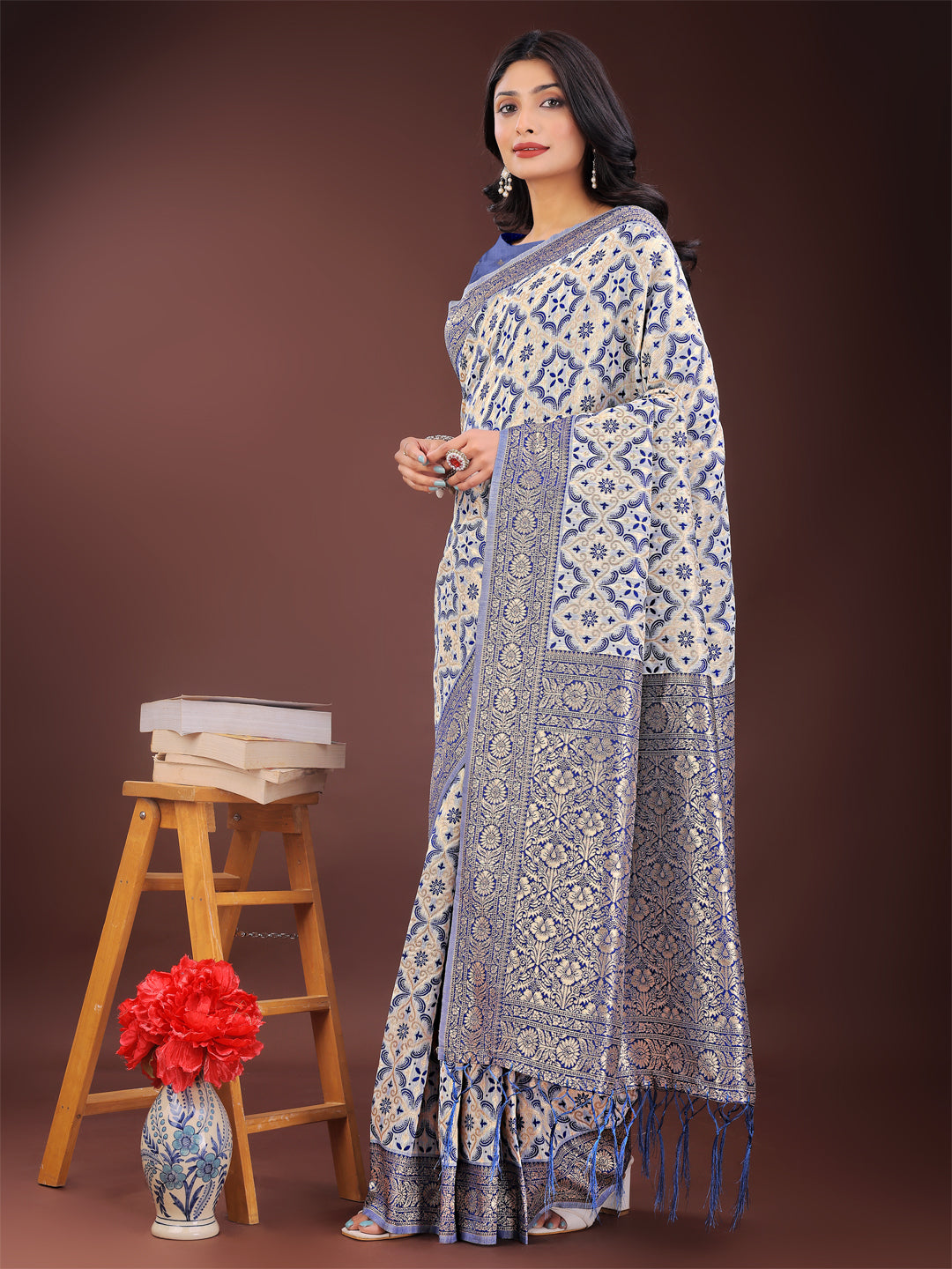 Astita Blue Linen Saree with Rich Woven Zari Work - Elegant Ethnic Saree for Festive & Office Wear - Distacart