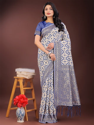 Astita Blue Linen Saree with Rich Woven Zari Work - Elegant Ethnic Saree for Festive & Office Wear - Distacart