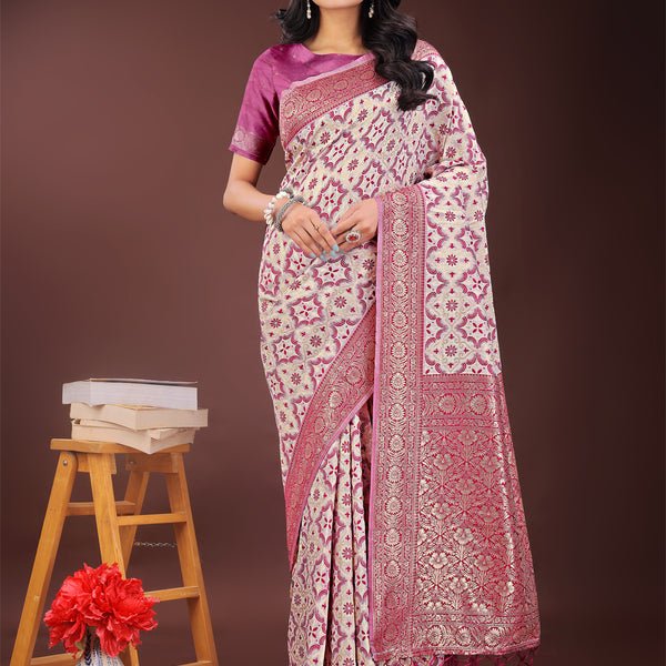 Astita Pink Linen Saree with Rich Woven Zari Work - Elegant Ethnic Saree for Festive & Office Wear - Distacart