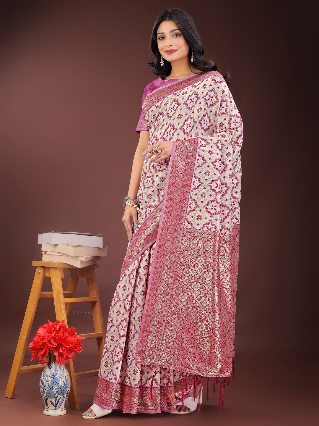 Astita Pink Linen Saree with Rich Woven Zari Work - Elegant Ethnic Saree for Festive & Office Wear - Distacart