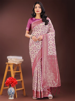 Astita Pink Linen Saree with Rich Woven Zari Work - Elegant Ethnic Saree for Festive & Office Wear - Distacart