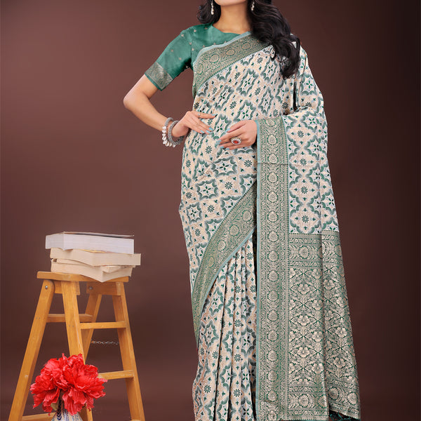 Astita Green Linen Saree with Rich Woven Zari Work - Elegant Ethnic Saree for Festive & Office Wear - Distacart
