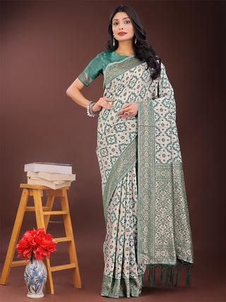 Astita Green Linen Saree with Rich Woven Zari Work - Elegant Ethnic Saree for Festive & Office Wear - Distacart