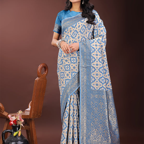 Astita Sky Blue Linen Saree with Rich Woven Zari Work - Elegant Ethnic Saree for Festive & Office Wear - Distacart