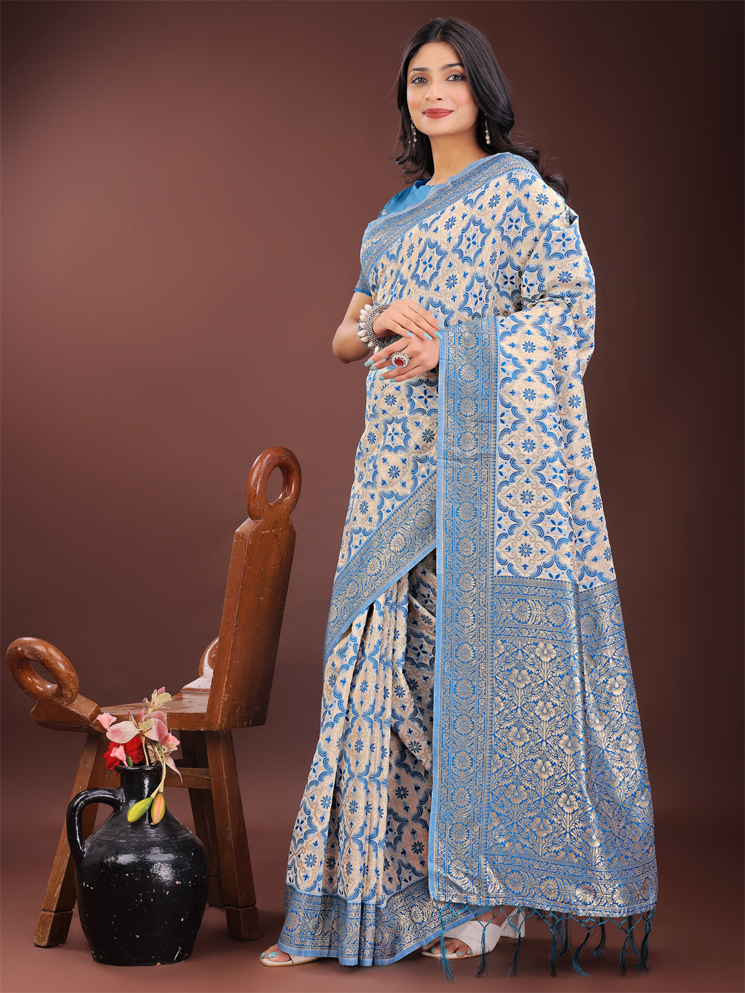 Astita Sky Blue Linen Saree with Rich Woven Zari Work - Elegant Ethnic Saree for Festive & Office Wear - Distacart