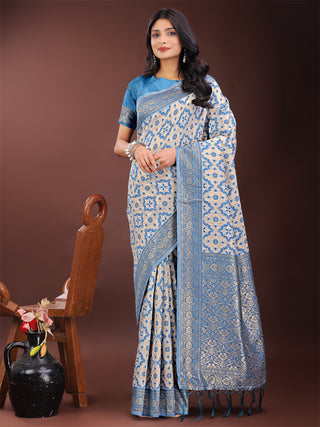 Astita Sky Blue Linen Saree with Rich Woven Zari Work - Elegant Ethnic Saree for Festive & Office Wear - Distacart