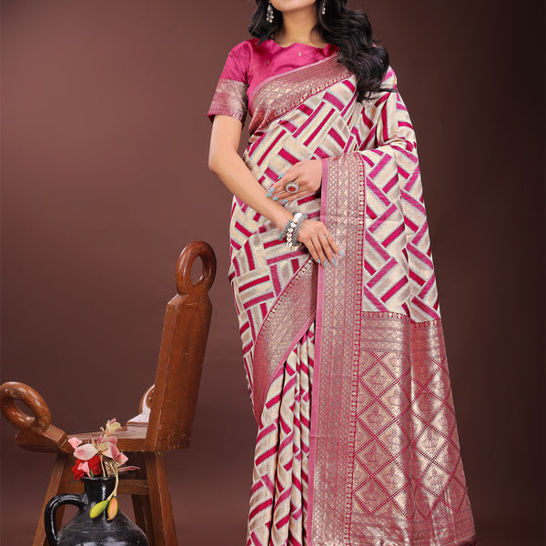 Astita Elegant Pink & Cream Linen Saree with Geometric Design and Zari Border - Festive & Party Wear - Distacart