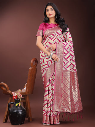 Astita Elegant Pink & Cream Linen Saree with Geometric Design and Zari Border - Festive & Party Wear - Distacart