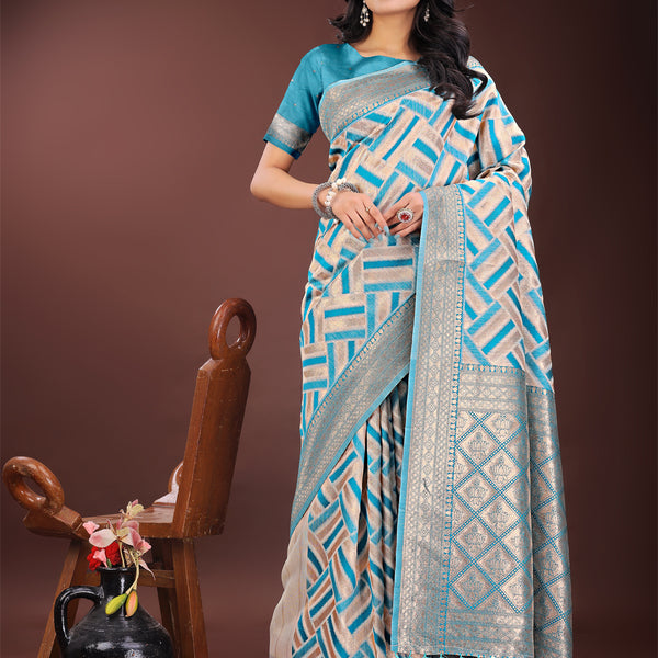 Astita Elegant Sea Green & Cream Linen Saree with Geometric Design and Zari Border - Festive & Party Wear - Distacart