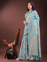 Thumbnail for Astita Elegant Sea Green & Cream Linen Saree with Geometric Design and Zari Border - Festive & Party Wear - Distacart