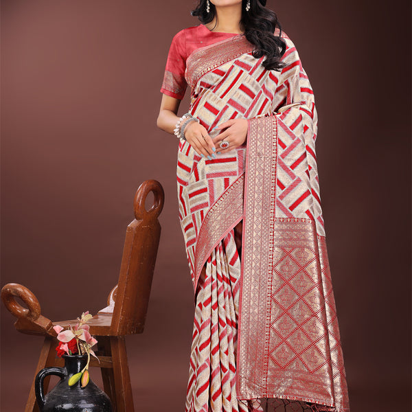 Astita Elegant Red & Cream Linen Saree with Geometric Design and Zari Border - Festive & Party Wear - Distacart