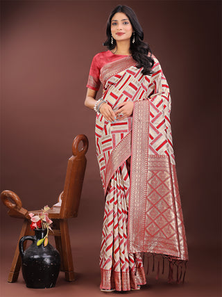 Astita Elegant Red & Cream Linen Saree with Geometric Design and Zari Border - Festive & Party Wear - Distacart
