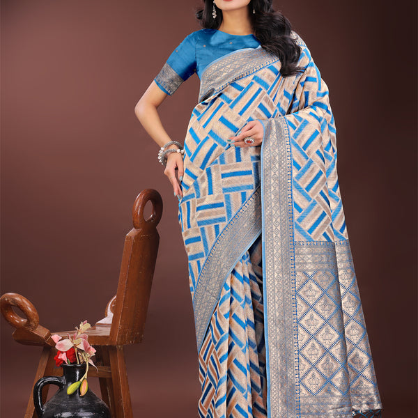 Astita Elegant Sky Blue & Cream Linen Saree with Geometric Design and Zari Border - Festive & Party Wear - Distacart