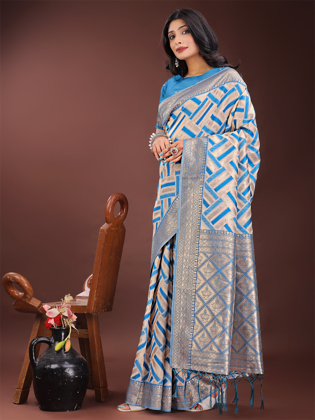 Astita Elegant Sky Blue & Cream Linen Saree with Geometric Design and Zari Border - Festive & Party Wear - Distacart