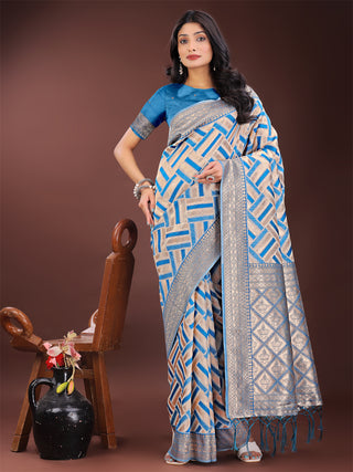 Astita Elegant Sky Blue & Cream Linen Saree with Geometric Design and Zari Border - Festive & Party Wear - Distacart