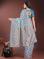 Thumbnail for Astita Elegant Sky Blue & Cream Linen Saree with Geometric Design and Zari Border - Festive & Party Wear - Distacart
