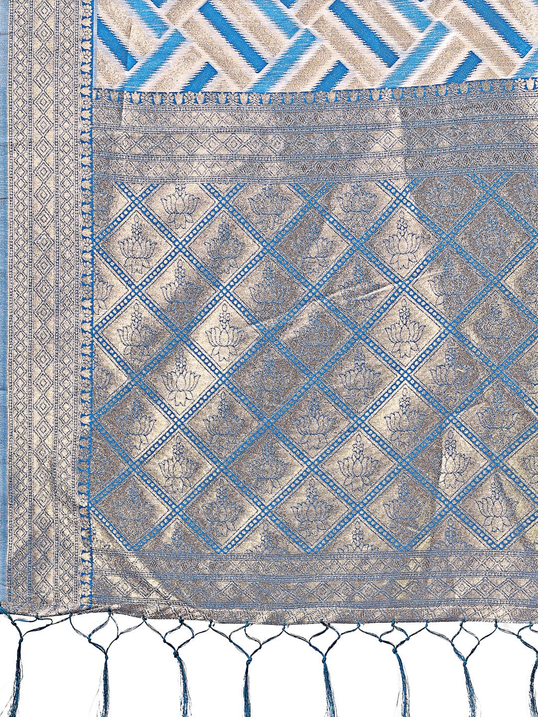 Astita Elegant Sky Blue & Cream Linen Saree with Geometric Design and Zari Border - Festive & Party Wear - Distacart