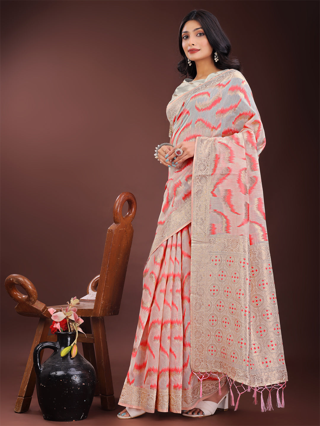Astita Elegant Beige & Coral Linen Saree with Zari Border and Abstract Pattern - Premium Festive & Office Wear - Distacart