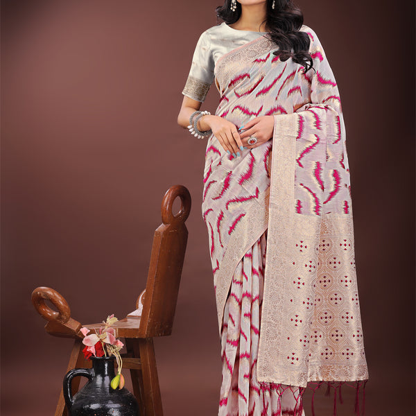 Astita Elegant Beige & Coral Linen Saree with Zari Border and Abstract Pattern - Premium Festive & Office Wear - Distacart