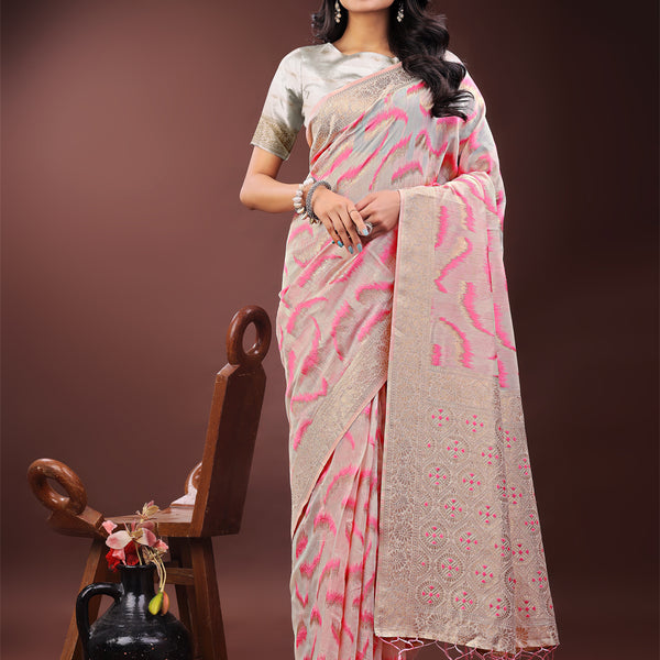 Astita Elegant Beige & Coral Linen Saree with Zari Border and Abstract Pattern - Premium Festive & Office Wear - Distacart