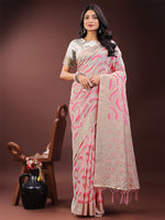 Thumbnail for Astita Elegant Beige & Coral Linen Saree with Zari Border and Abstract Pattern - Premium Festive & Office Wear - Distacart