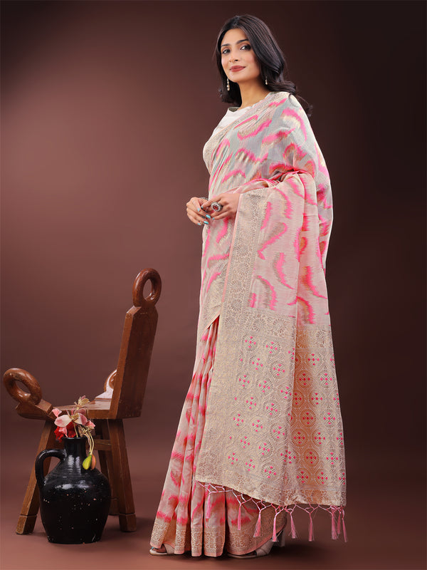 Astita Elegant Beige & Coral Linen Saree with Zari Border and Abstract Pattern - Premium Festive & Office Wear - Distacart