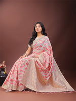 Thumbnail for Astita Elegant Beige & Coral Linen Saree with Zari Border and Abstract Pattern - Premium Festive & Office Wear - Distacart