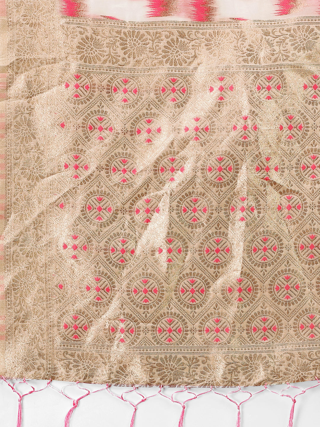 Astita Elegant Beige & Coral Linen Saree with Zari Border and Abstract Pattern - Premium Festive & Office Wear - Distacart