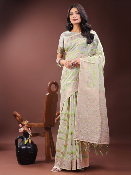 Astita Elegant Beige & Coral Linen Saree with Zari Border and Abstract Pattern - Premium Festive & Office Wear - Distacart