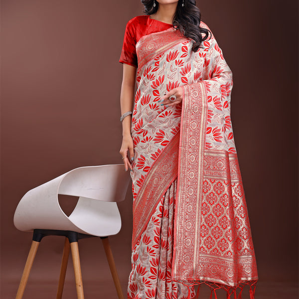 Astita Stunning Beige & Red Linen Saree with Floral Print and Rich Zari Pallu - Festive & Traditional Wear - Distacart