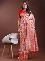 Thumbnail for Astita Stunning Beige & Red Linen Saree with Floral Print and Rich Zari Pallu - Festive & Traditional Wear - Distacart