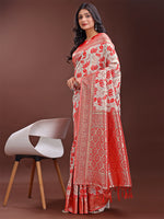 Thumbnail for Astita Stunning Beige & Red Linen Saree with Floral Print and Rich Zari Pallu - Festive & Traditional Wear - Distacart