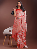 Thumbnail for Astita Stunning Beige & Red Linen Saree with Floral Print and Rich Zari Pallu - Festive & Traditional Wear - Distacart