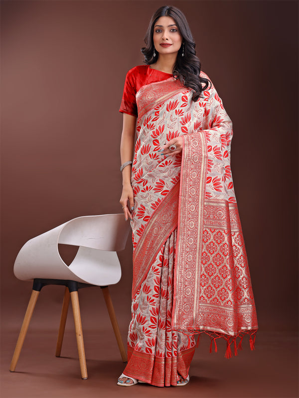 Astita Stunning Beige & Red Linen Saree with Floral Print and Rich Zari Pallu - Festive & Traditional Wear - Distacart