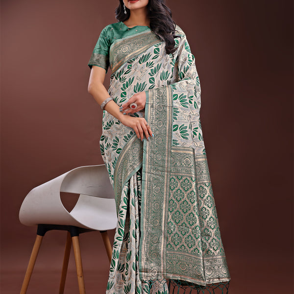Astita Stunning Beige & Green Linen Saree with Floral Print and Rich Zari Pallu - Festive & Traditional Wear - Distacart
