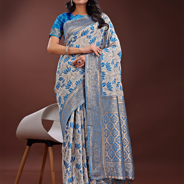 Astita Stunning Beige & Red Linen Saree with Floral Print and Rich Zari Pallu - Festive & Traditional Wear - Distacart