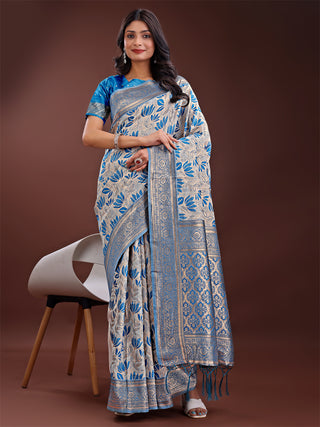 Astita Stunning Beige & Red Linen Saree with Floral Print and Rich Zari Pallu - Festive & Traditional Wear - Distacart