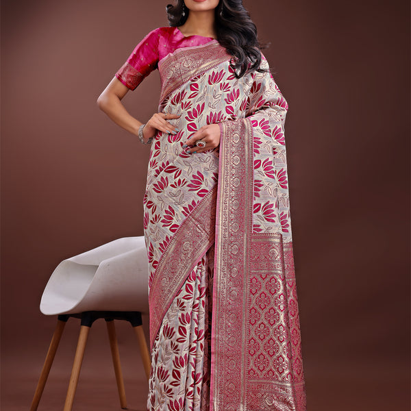 Astita Stunning Beige & Purple Linen Saree with Floral Print and Rich Zari Pallu - Festive & Traditional Wear - Distacart