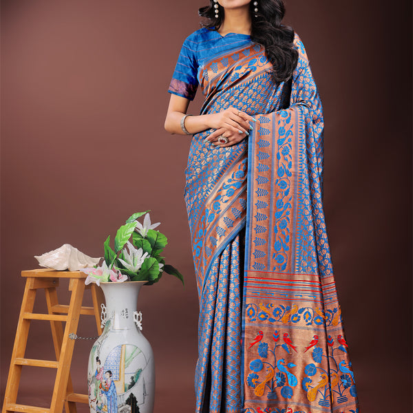 Astita Vibrant Copper & Blue Banarasi Silk Saree with Colorful Pallu - Perfect Blend of Tradition and Festive Elegance - Distacart