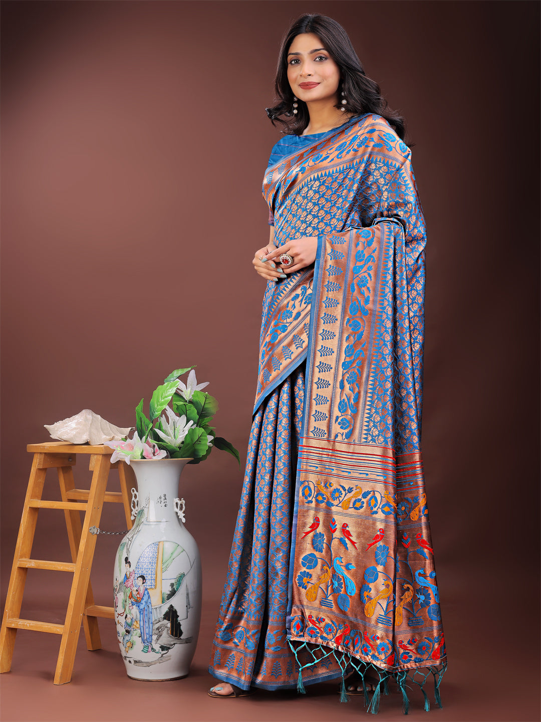 Astita Vibrant Copper & Blue Banarasi Silk Saree with Colorful Pallu - Perfect Blend of Tradition and Festive Elegance - Distacart