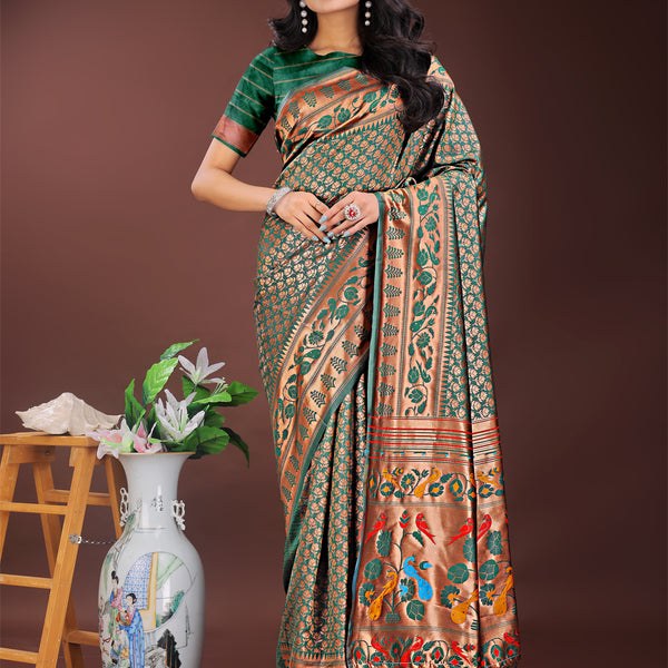 Astita Vibrant Copper & Green Banarasi Silk Saree with Colorful Pallu - Perfect Blend of Tradition and Festive Elegance - Distacart