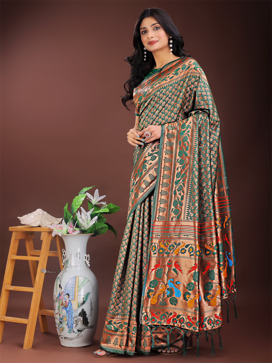 Astita Vibrant Copper & Green Banarasi Silk Saree with Colorful Pallu - Perfect Blend of Tradition and Festive Elegance - Distacart